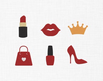 Girl Things Embroidery Design, Set of Beauty Icons Embroidery, Fashion Icons Embroidery, Heel Embroidery, Makeup Things, Lips Embroidery
