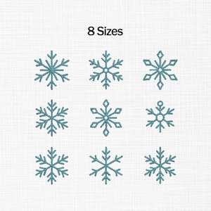 May include: Nine teal snowflake designs on a white background. The text "8 Sizes" is at the top. The snowflakes vary in shape and size, with detailed, symmetrical patterns. Ideal for winter-themed crafts or decorations.