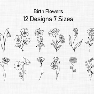 Geburtsmonat Blumen Stickerei, 12 Blumen Maschinenstickerei, Geburtsblumen Bundle Stickmuster, Blumen Line Art Stickerei