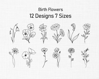 Birth Month Flowers Embroidery, 12 Flowers Machine Embroidery Design, Birth Flower Bundle Embroidery Designs, Flowers Line art Embroidery