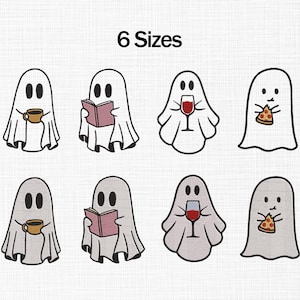 Pode incluir: Ilustração de fantasmas de desenhos animados em várias poses. Alguns fantasmas seguram uma xícara de café, um livro, uma taça de vinho e uma fatia de pizza. O texto "6 Sizes" está no topo da imagem.