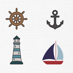 Nautical Embroidery Design, Nautical Mini Set Embroidery Design, Sailor Embroidery Design, Wheel, Boat, Lighthouse, Anchor Embroidery 5 Size