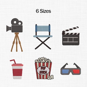 Puede incluir: Conjunto bordado de seis diseños temáticos de cine. Incluye una cámara de cine vintage sobre un trípode, una silla de director, una claqueta de cine, un vaso de refresco, un recipiente de palomitas de maíz y gafas 3D. El texto "6 Sizes" está arriba.