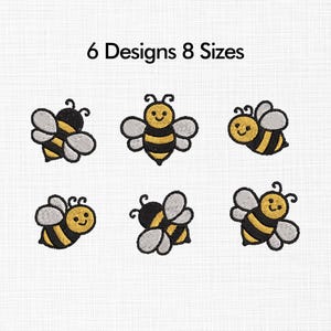 Könnte beinhalten: Sechs gestickte Bienenmotive in verschiedenen Posen, jede mit schwarz-gelb gestreiften Körpern, grauen Flügeln und lächelnden Gesichtern. Der Text "6 Designs 8 Sizes" steht oben.