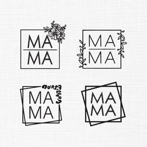 May include: Four black and white logo designs with the word "MA MA" in a square frame. Two designs feature floral accents.