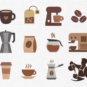 K&ouml;nnte beinhalten: Eine Sammlung von gestickten Designs zum Thema Kaffee und Tee. Enth&auml;lt eine braune Tasse mit Herz, einen Teebeutel, Kaffeebohnen, eine Kaffeemaschine, eine Kaffeekanne, eine Kaffeetasse, einen To-Go-Becher und einen Barista, der Kaffee einschenkt.