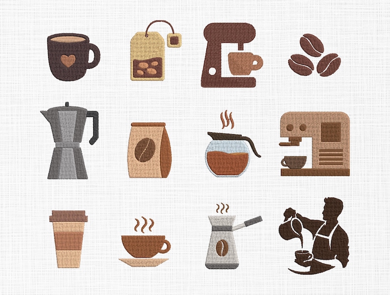 K&ouml;nnte beinhalten: Eine Sammlung von gestickten Designs zum Thema Kaffee und Tee. Enth&auml;lt eine braune Tasse mit Herz, einen Teebeutel, Kaffeebohnen, eine Kaffeemaschine, eine Kaffeekanne, eine Kaffeetasse, einen To-Go-Becher und einen Barista, der Kaffee einschenkt.