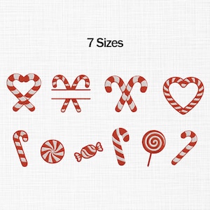 Puede incluir: Una colección de diseños de bastones de caramelo y corazones rojos y blancos. La imagen incluye varias formas, como bastones de caramelo, corazones y una piruleta. El texto "7 Sizes" se muestra encima de los diseños.