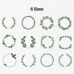 May include: An image featuring various green and red wreath designs. The wreaths are composed of green leaves and red berries, with a variety of shapes and styles. The text "6 Sizes" is at the top of the image.
