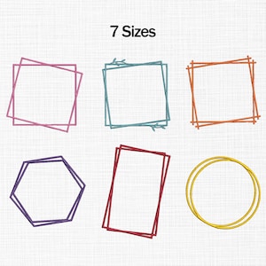 Può includere: L'immagine mostra sette modelli di cornici geometriche in vari colori. Le cornici includono quadrati, un esagono, un rettangolo e un cerchio. Il testo "7 Sizes" è in alto. Le cornici sono in tonalità di rosa, verde acqua, arancione, viola, rosso e giallo.