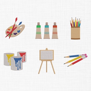 May include: An artistic embroidery design featuring art supplies. The image includes a paint palette with brushes, tubes of paint, a pencil holder with colored pencils, paint cans, an easel, and pencils.