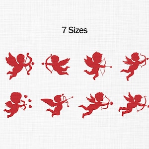 Puede incluir: Siluetas rojas de cupidos con arcos y flechas sobre un fondo blanco. El texto "7 Sizes" está encima de las imágenes. Los cupidos están en varias poses, algunos con corazones.