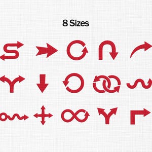 Pode incluir: Uma coleção de catorze ícones de setas bordadas em vermelho dispostos em três linhas, apresentando várias formas, incluindo designs retos, curvos, circulares e ramificados. O texto 8 Sizes está impresso em preto no topo central.