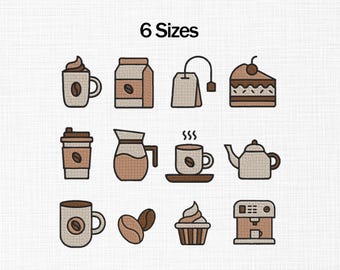 Puede incluir: Un conjunto de iconos con temática de café y té en tonos marrones y beige. Los iconos incluyen una taza de café, una bolsita de té, una porción de pastel, una taza de café para llevar, una cafetera, una taza de café con vapor, una tetera, una taza de café, granos de café, una magdalena y una cafetera. El texto "6 Sizes" está en la parte superior.