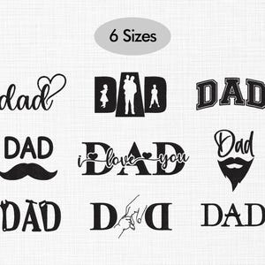 Puede incluir: Una colección de diseños negros de "Papá" en varios estilos, incluyendo escritura, siluetas familiares y gráficos de bigote. La imagen también incluye el texto "6 Tamaños" en un óvalo gris.