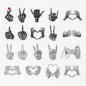 May include: A collection of black and white illustrations of skeleton hands making various hand gestures. Gestures include the peace sign, thumbs up, heart shape, and the "I love you" sign. A small red heart is included in one illustration.