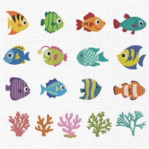 Könnte beinhalten: Eine Sammlung farbenfroher, cartoonartiger Illustrationen von Fischen und Korallen. Die Fische variieren in Form, Farbe und Muster, darunter Orange, Gelb, Blau und Grün. Die Korallen sind in Rot-, Orange-, Rosa- und Grüntönen gehalten. Das Bild hat einen weißen Hintergrund.