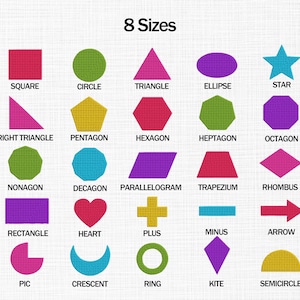 Könnte beinhalten: Eine Tabelle mit dem Titel 8 Sizes, die fünfundzwanzig bunte geometrische Formen in einem Raster zeigt. Jede Form ist mit ihrem Namen beschriftet, darunter Quadrat, Kreis, Dreieck, Ellipse, Stern, rechtwinkliges Dreieck, Fünfeck, Sechseck, Siebeneck, Achteck, Neuneck, Zehneck, Parallelogramm, Trapez, Raute, Rechteck, Herz, Plus, Minus, Pfeil, Pic, Mondsichel, Ring, Drachen und Halbkreis.