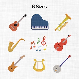 May include: Embroidered musical instrument designs including a guitar, piano, trumpet, saxophone, violin, musical notes, electric guitar, harp, and banjo. The text "6 Sizes" is at the top. The instruments are in various colors, set against a white background.