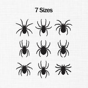 May include: Nine black spider designs of varying sizes are arranged in a grid on a white background. The text "7 Sizes" is above the spiders. The spiders have eight legs and a rounded body.