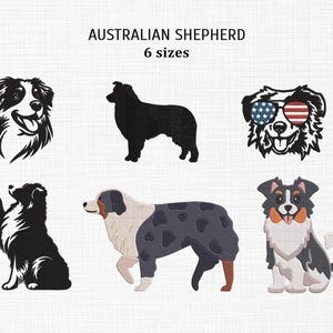 Könnte beinhalten: Sechs Designs von Australian Shepherd-Hunden in verschiedenen Posen. Die Designs umfassen einen schwarz-weißen Hund mit herausgestreckter Zunge, einen einfarbigen schwarzen Hund, einen Hund mit Sonnenbrille im amerikanischen Flaggen-Design und einen Hund mit geflecktem Fell.