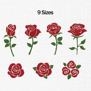 May include: A digital embroidery design set featuring seven distinct red rose motifs with green stems and leaves, arranged on a white textured background. The text 9 Sizes is displayed at the top center in a simple black sans-serif font.