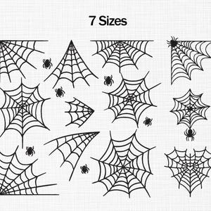 Puede incluir: Ilustración digital en blanco y negro con temática de Halloween, que presenta varios diseños de telarañas y pequeñas arañas. El texto "7 Sizes" se muestra en la parte superior. La imagen incluye diferentes formas de telarañas.