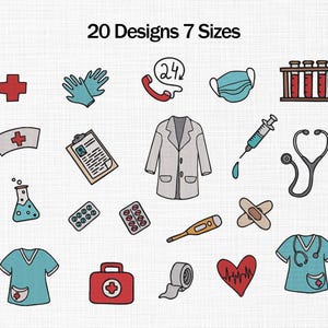Doc Set Embroidery Design, Medical set Embroidery Design, Stethoscope, First aid Kit, Doctor Overall, Mini Embroidery, Doctor Icons Bundle