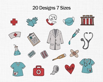 May include: A collection of hand-drawn medical icons, including a red cross, gloves, a phone, a face mask, test tubes, a nurse's hat, a clipboard, a lab coat, a syringe, a stethoscope, a flask, pills, a thermometer, a bandage, a scrub top, a first aid kit, tape, and a heart with a heartbeat.