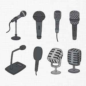 May include: Illustration of eight different microphones in various styles. The microphones are in shades of gray and black, with detailed mesh heads and stands. Some are handheld, while others are on stands, suitable for recording or public speaking.