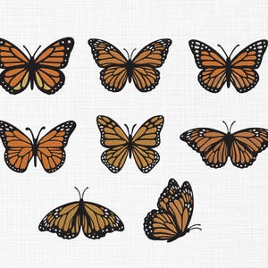 May include: Nine orange and black monarch butterflies with intricate wing patterns are arranged in a grid pattern on a white textured background.