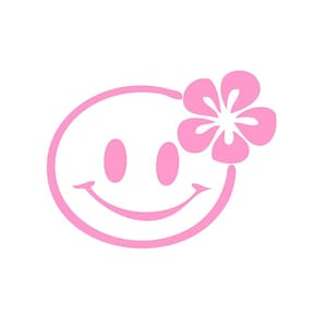 May include: A pink smiley face with a flower in its hair. The design is a simple, cartoon-style illustration with a happy expression. The flower is a five-petal design, also in pink, and is positioned on the right side of the smiley face.