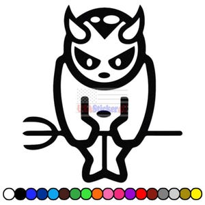 May include: Black and white cartoon devil sticker with a pitchfork. The devil has horns, a stern expression, and is holding a pitchfork. The sticker has the text "USA Sticker Co." and a color palette at the bottom.