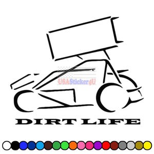 May include: Black and white graphic of a sprint car with the words "DIRT LIFE" below. The image is a line drawing style, with a rectangular wing and large tires. A color palette of various colors is shown at the bottom.