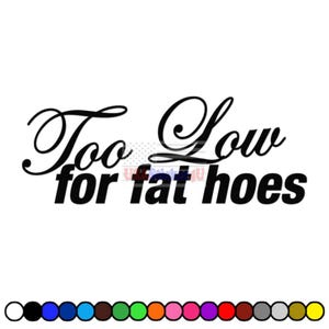 May include: White background with the text "Too Low for fat hoes" in black. The word "Too" and "Low" are in a cursive font, while "for fat hoes" is in a block font. A color palette is at the bottom.