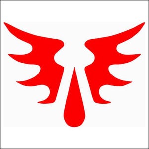May include: A red stylized emblem on a white background. The design features two wing-like shapes and a central teardrop shape. The emblem has a bold, graphic appearance.