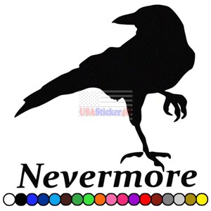 May include: A black silhouette of a crow with the word "Nevermore" below it. The crow is perched with one leg raised. A color palette of various colors is at the bottom of the image.