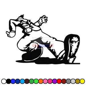 May include: Black and white graphic of a person in a dramatic pose, possibly falling or reacting. The figure is wearing a suit and appears to be in motion. The image has a clean, minimalist design, suitable for stickers or decals.