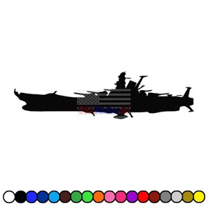 May include: Black silhouette of a warship with an American flag design in the center. The image is set against a white background and includes a color palette at the bottom. The warship design features various structures and details.