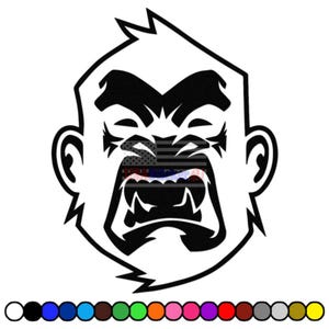May include: A black and white graphic of an ape's face with an open mouth, baring teeth. The ape's face has a stylized design with sharp angles and a bold outline. The ape's mouth contains a graphic of the American flag. A color palette is shown below the graphic.