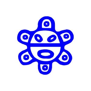 May include: A blue stylized sun symbol with a face-like design. The design features a circular shape with six rounded extensions, each containing a small circle. The face has oval eyes and a horizontal line for a mouth.