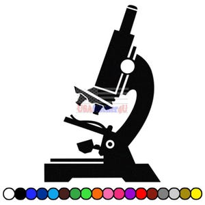 May include: A black silhouette of a microscope, a scientific instrument used for viewing small objects. The image includes the text "USA Seller 4U" and a color palette at the bottom. The microscope is depicted in a side view.