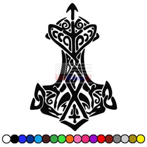 May include: Black graphic of a stylized Mjolnir hammer, a symbol of Norse mythology. The hammer features intricate knotwork and a symmetrical design, with an arrow at the top. A color palette of various colors is shown at the bottom.