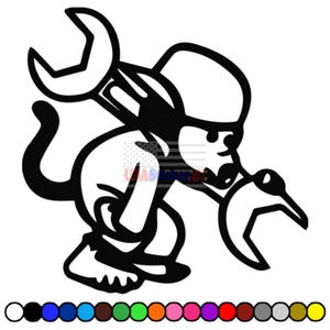 May include: Black and white cartoon graphic of a monkey-like character holding two wrenches. The character is in a crouched position, with one wrench held in each hand. The image includes a color palette of various colors at the bottom.