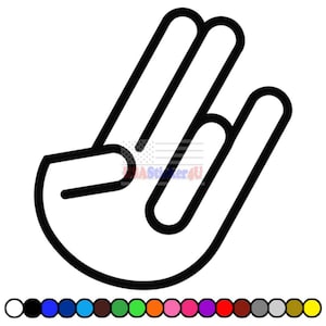May include: A black and white graphic of a hand gesture, with the index, middle, and thumb fingers extended. The hand is outlined in black, with a white interior. The image includes a color palette at the bottom.