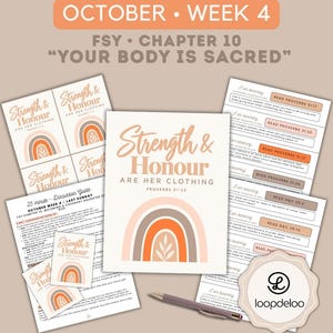 Op de afbeelding: Een verzameling gedrukte papieren materialen voor LDS Young Women October Week 4, met de tekst Strength & Honour Are Her Clothing, een regenboogafbeelding, discussiegidsen en bijbelstudiebladen, vergezeld van een donkergrijze pen.