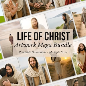 K&ouml;nnte beinhalten: Eine Sammlung digitaler Kunstdrucke mit Szenen aus dem Leben Christi. Die Bilder zeigen Portr&auml;ts und Szenen von Jesus, mit dem Text "LIFE OF CHRIST Artwork Mega Bundle Printable Downloads - Multiple Sizes."