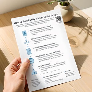 May include: A white paper titled "How to Take Family Names to the Temple" is held by a hand. The paper outlines steps to use FamilySearch's "Ordinances Ready" feature. The paper includes a QR code, icons, and text detailing the process.