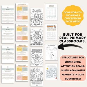 May include: A collection of educational lesson plans and activity sheets for primary classrooms. The image includes coloring pages, word searches, mazes, and lesson plans with text such as "Week 1", "Week 2", and "Lesson Plan". The text also includes "Done-for-you engaging & cute lessons each week!"