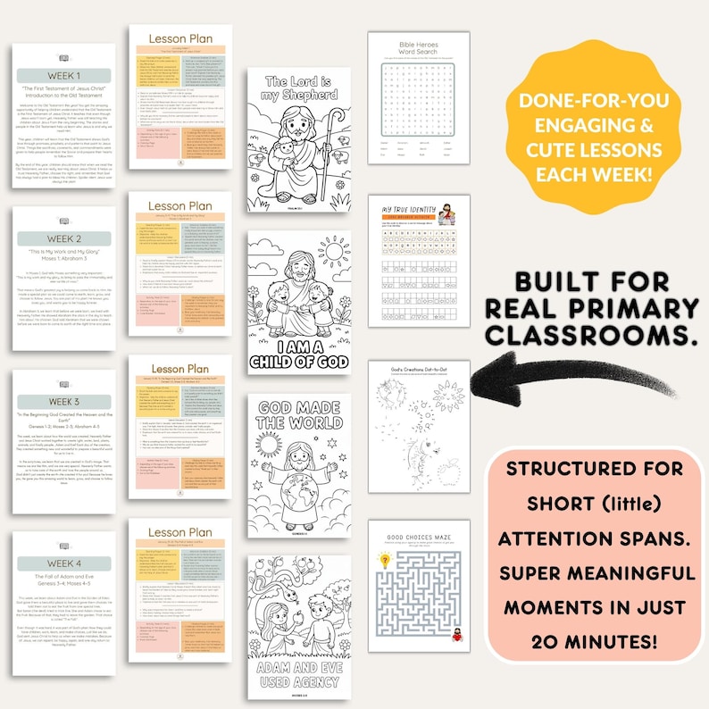 May include: A collection of educational lesson plans and activity sheets for primary classrooms. The image includes coloring pages, word searches, mazes, and lesson plans with text such as "Week 1", "Week 2", and "Lesson Plan". The text also includes "Done-for-you engaging & cute lessons each week!"